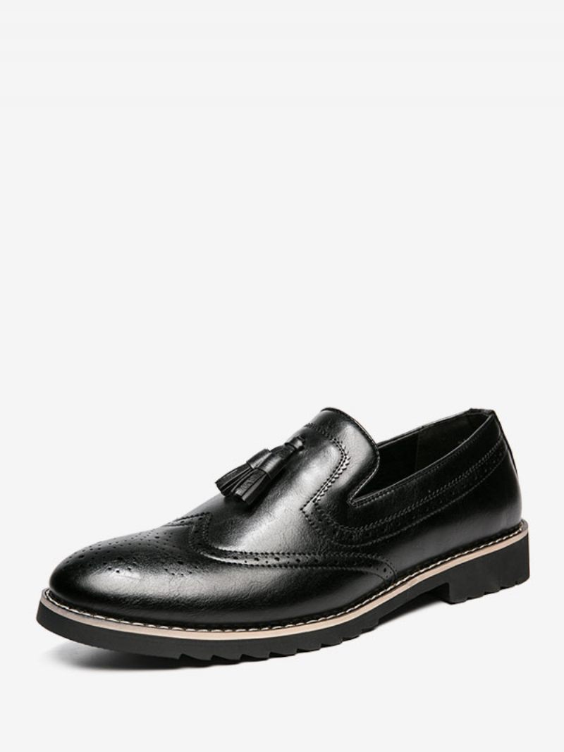 Mocassins Pour Hommes À Enfiler Avec Pompons Et Bout Rond Cuir Pu - Noir