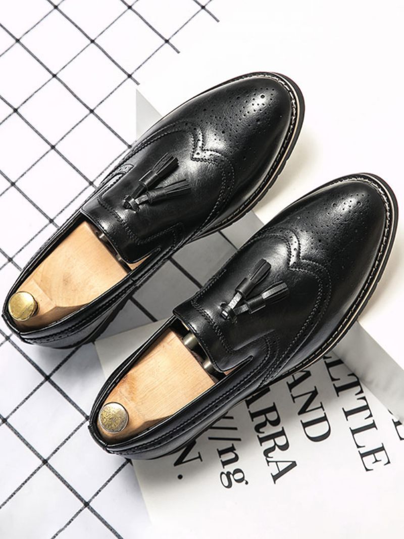 Mocassins Pour Hommes À Enfiler Avec Pompons Et Bout Rond Cuir Pu - Noir