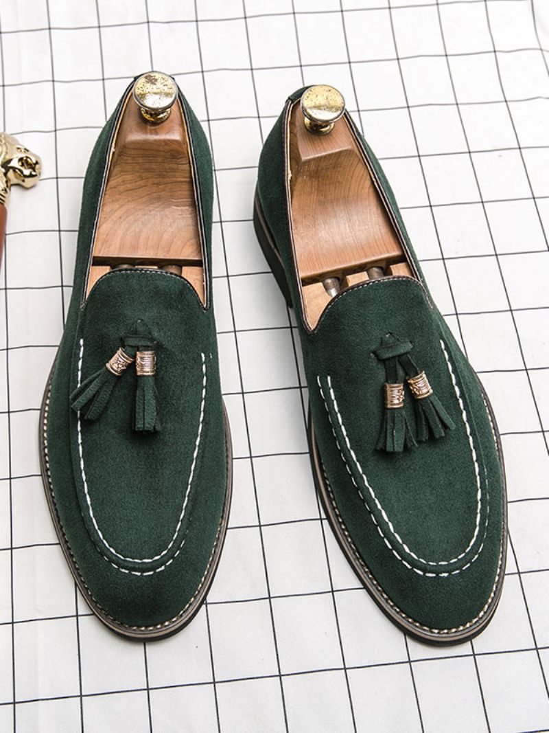 Mocassins Pour Hommes À Enfiler Avec Pompons Et Bout Rond Cuir Pu - Vert