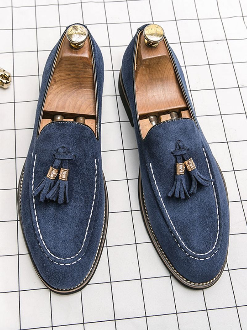 Mocassins Pour Hommes À Enfiler Avec Pompons Et Bout Rond Cuir Pu - Bleu