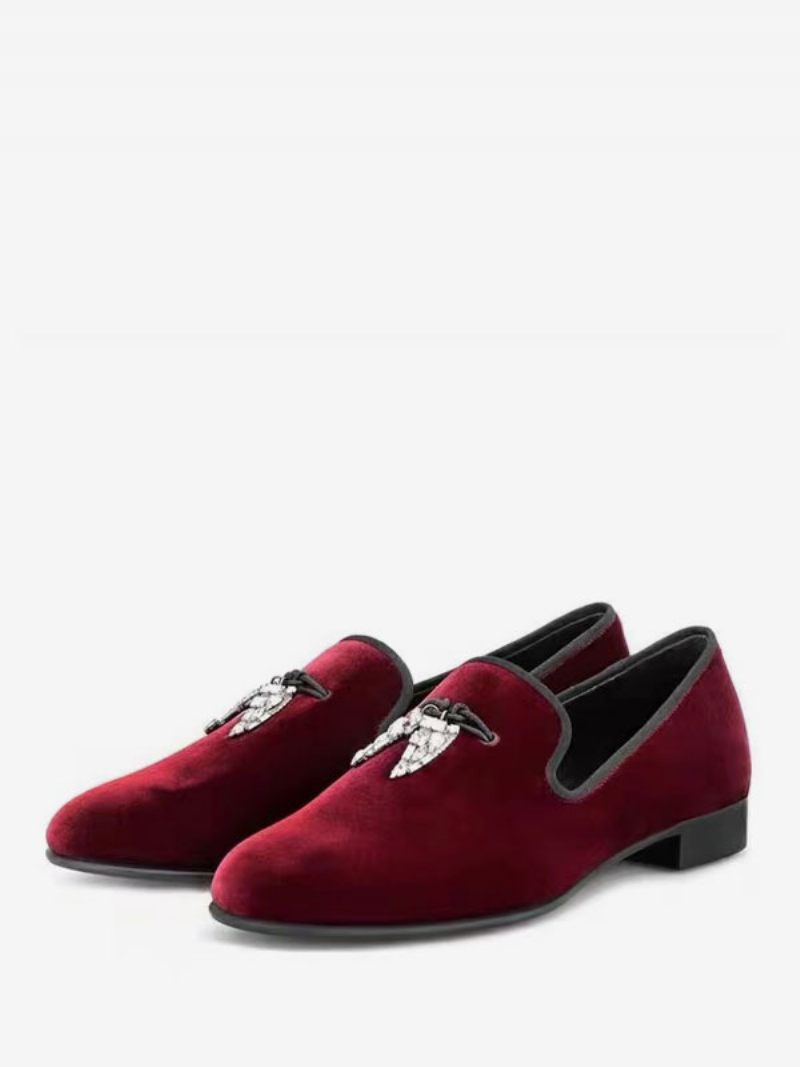 Mocassins Pour Hommes Tige Daim Noir Dents Requin Métal Bout Rond Chaussures Bal Mariage Fête - Rouge Foncé