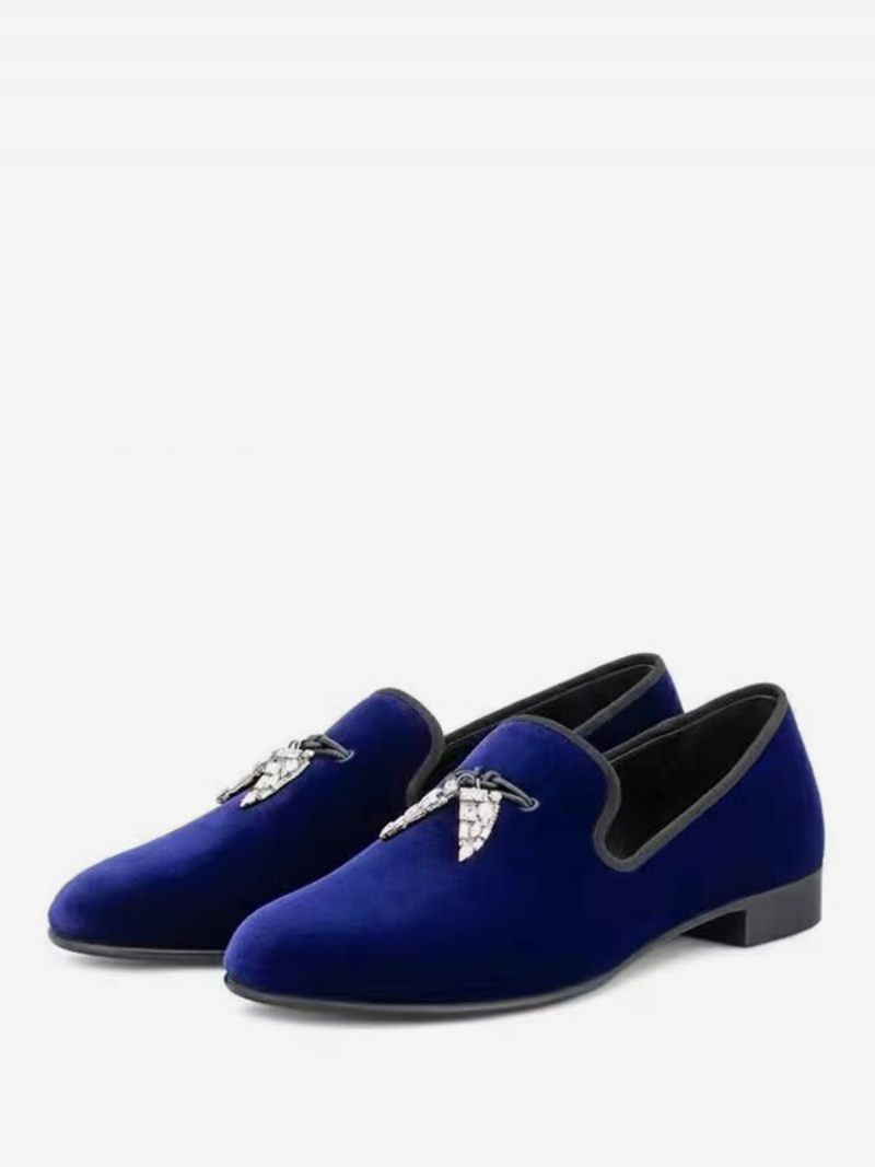 Mocassins Pour Hommes Tige Daim Noir Dents Requin Métal Bout Rond Chaussures Bal Mariage Fête - Bleu Éblouissant