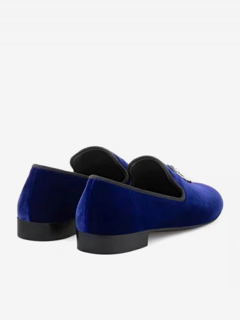 Mocassins Pour Hommes Tige Daim Noir Dents Requin Métal Bout Rond Chaussures Bal Mariage Fête - Bleu Éblouissant