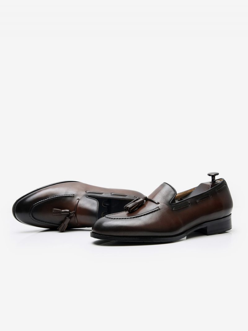 Mocassins Mne Pour Hommes Cuir Vache À Enfiler Avec Pompons Robe Mariée - Marron Café