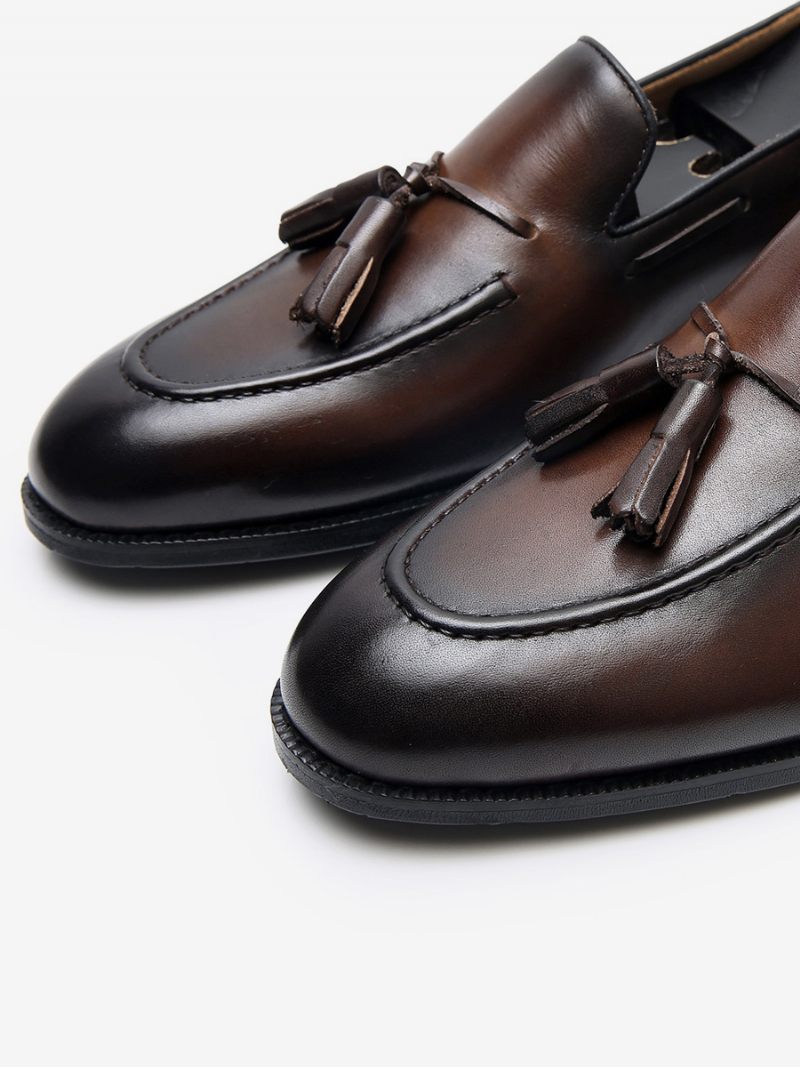 Mocassins Mne Pour Hommes Cuir Vache À Enfiler Avec Pompons Robe Mariée - Marron Café