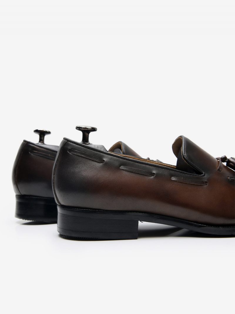 Mocassins Mne Pour Hommes Cuir Vache À Enfiler Avec Pompons Robe Mariée - Marron Café