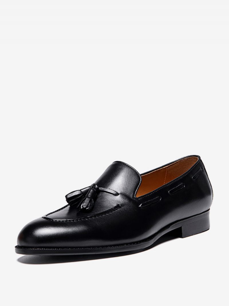 Mocassins Mne Pour Hommes Cuir Vache À Enfiler Avec Pompons Robe Mariée - Noir