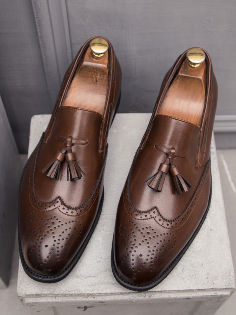 Mocassins Noirs À Bout D'aile Pour Hommes Chaussures Mariage Enfiler Avec Pompon - Marron Café