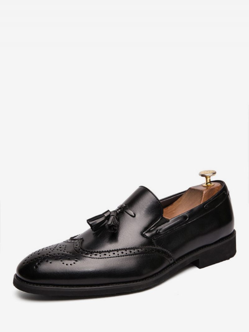 Mocassins Noirs À Bout D'aile Pour Hommes Chaussures Mariage Enfiler Avec Pompon - Noir