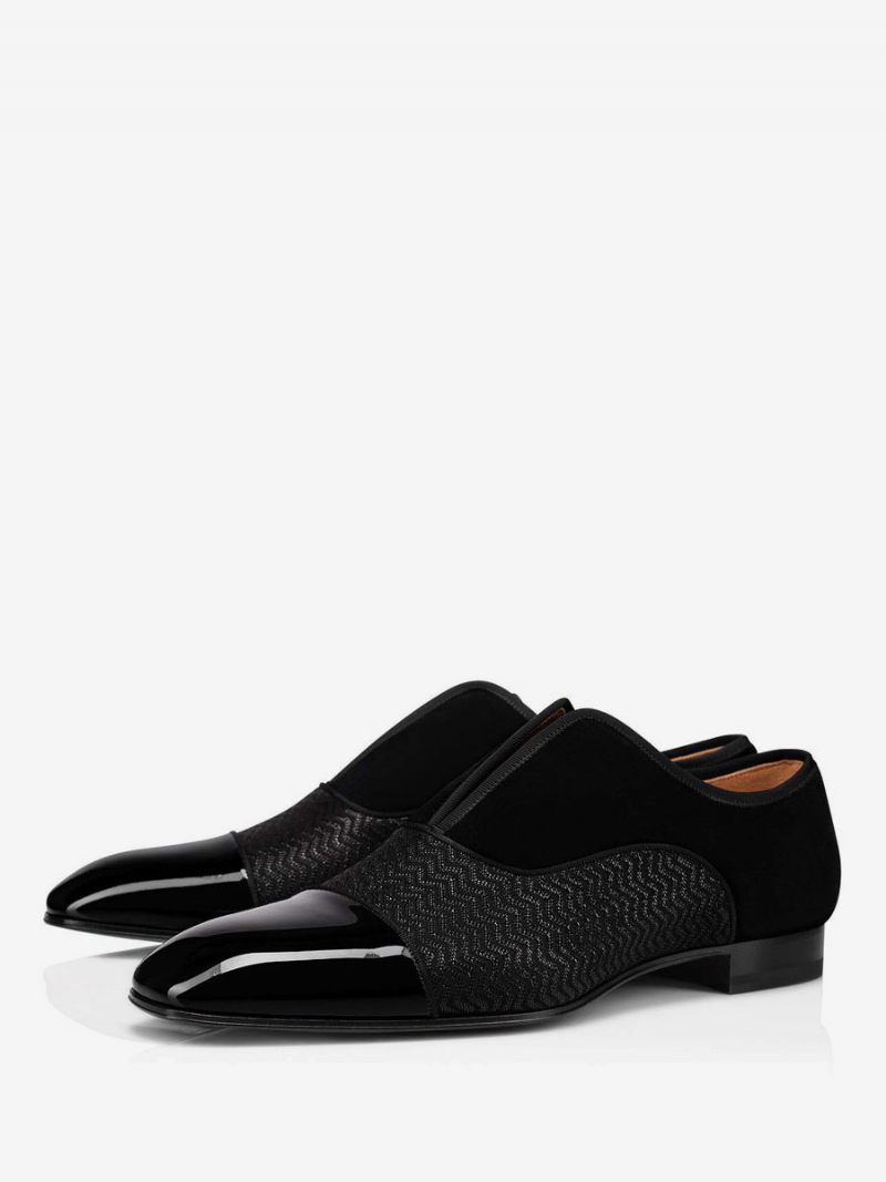 Mocassins Noirs À Bout Cuir Patchwork Pour Hommes Brillant Noir Chaussures Enfiler Bal Fin D'année Mariage