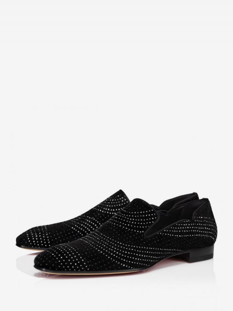 Mocassins Noirs Cuir Suédé Pour Hommes Chaussures À Enfiler Avec Strass Bal Promo Fête Mariage