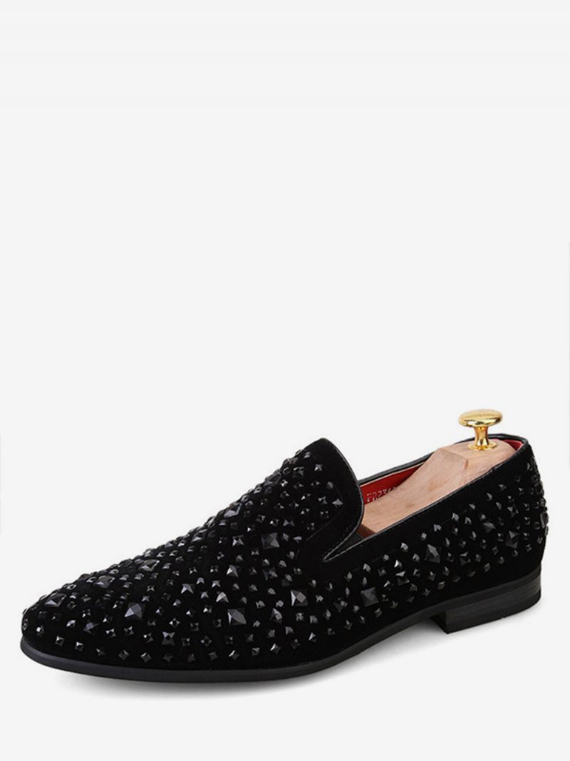 Mocassins Noirs Pour Hommes Cloutés Strass Robe À Enfiler Chaussures Bal Mariage