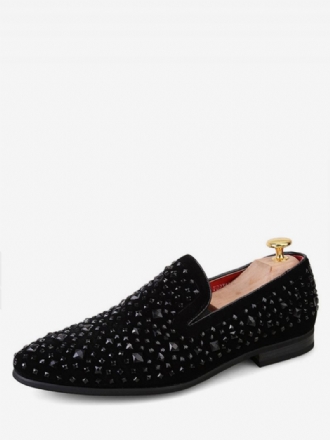 Mocassins Noirs Pour Hommes Cloutés Strass Robe À Enfiler Chaussures Bal Mariage