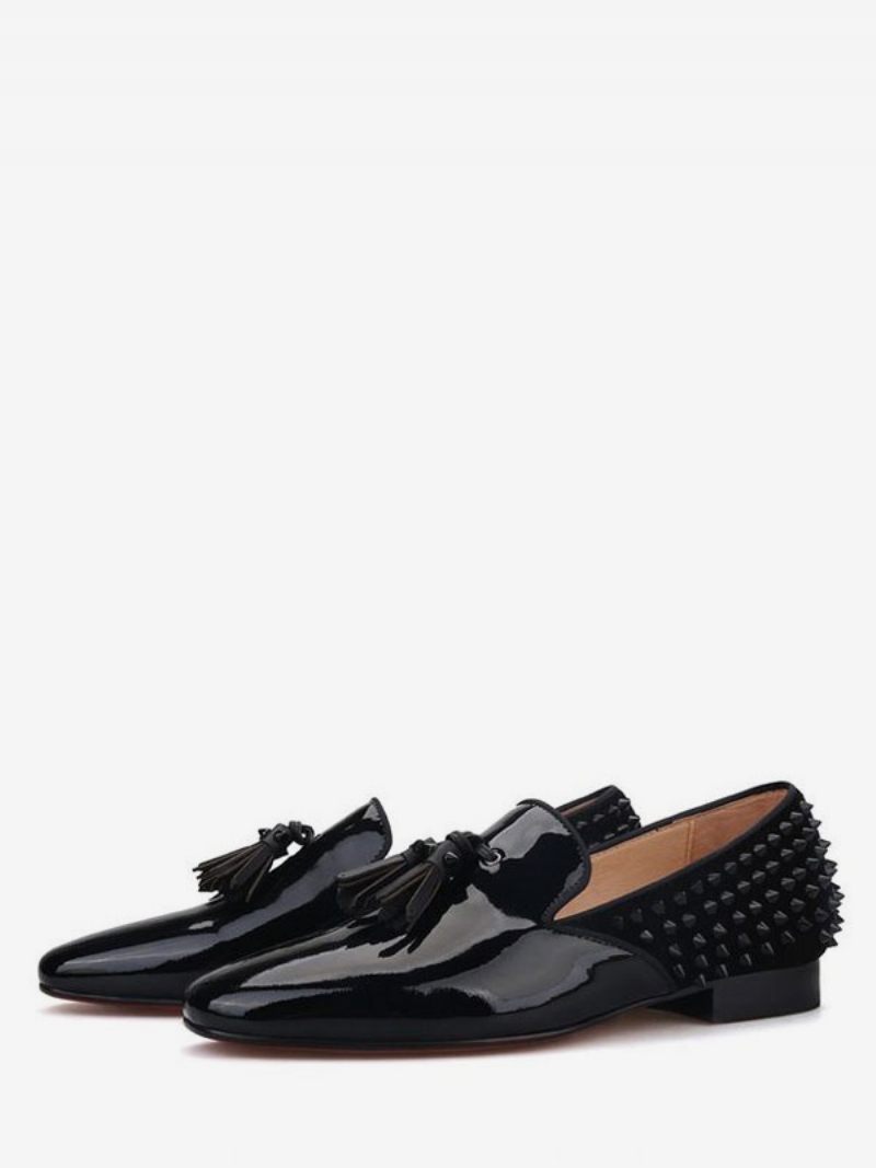 Mocassins Noirs Pour Hommes Robe À Pampilles Cuir Pu Verni Enfiler Avec Pointes Arrière Chaussures Noires Bal Promo Mariage