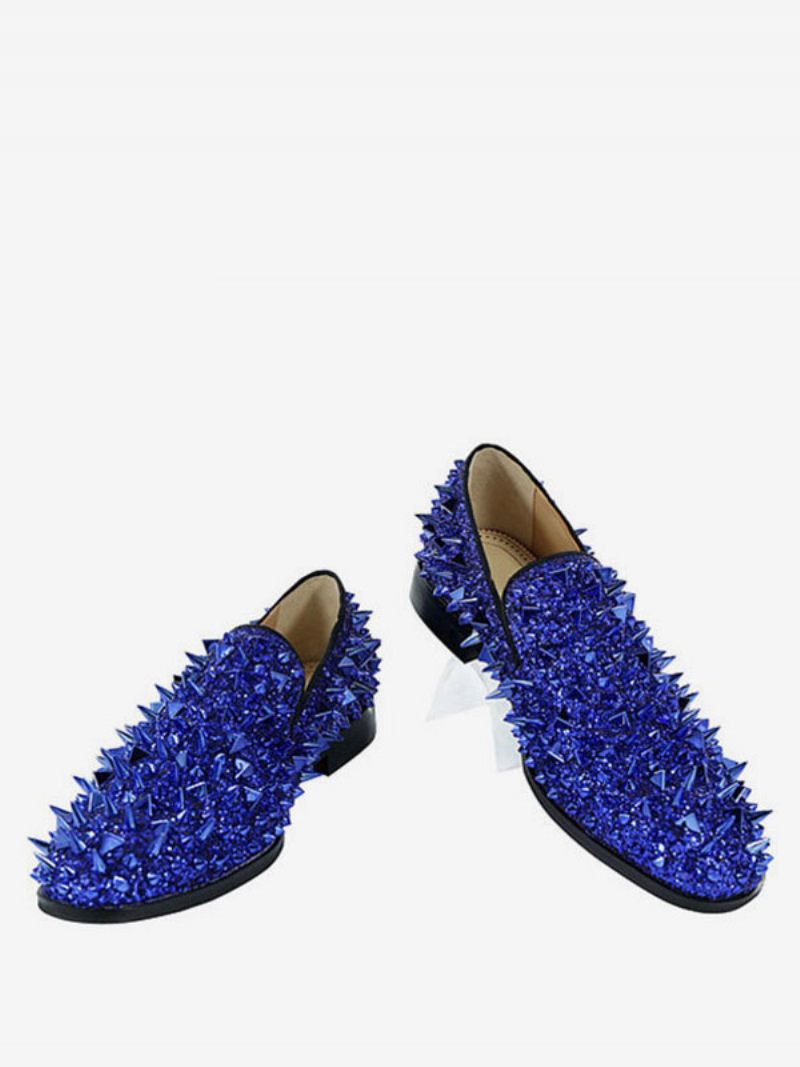 Mocassins À Pointes Pour Hommes Chaussures Paillettes Bleues Bout Rond Bal Fête Et Mariage