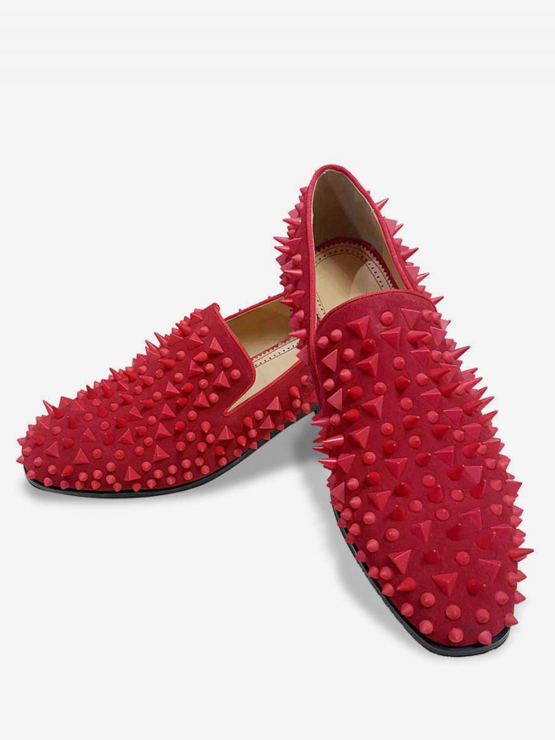 Mocassins À Rivets Brillants Noirs Pour Hommes Chaussures Paillettes Faites La Main Enfiler Bout Rond Bal Fête Mariage - Rouge