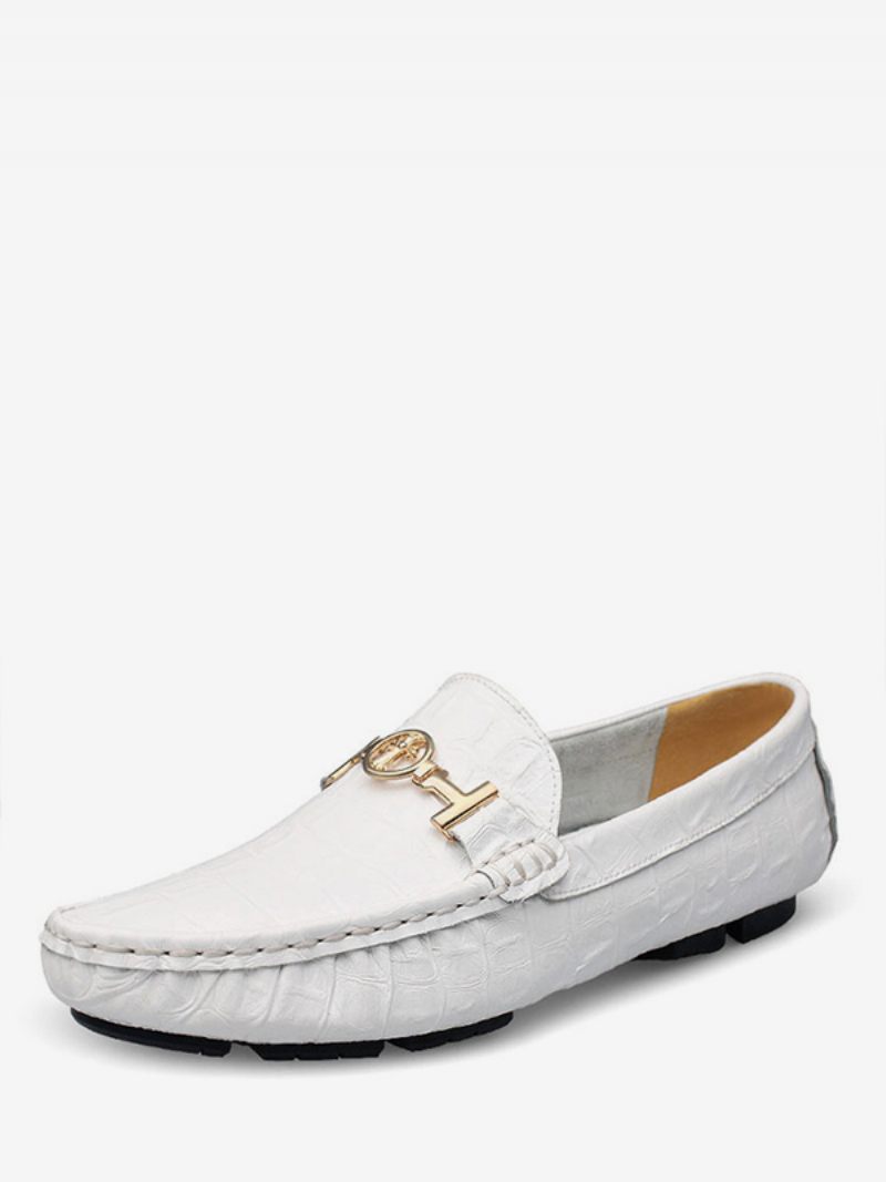 Mocassins Verts Pour Hommes Chaussures À Bout Rond Cuir Enfiler - Blanc