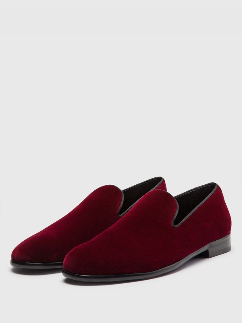 Pantoufles Velours Rouge Pour Hommes Mocassins Chaussures Mariage Bal À Bout Rond Enfiler