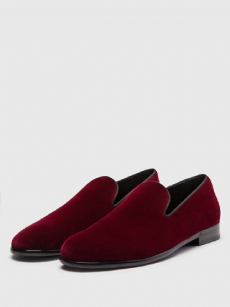 Pantoufles Velours Rouge Pour Hommes Mocassins Chaussures Mariage Bal À Bout Rond Enfiler