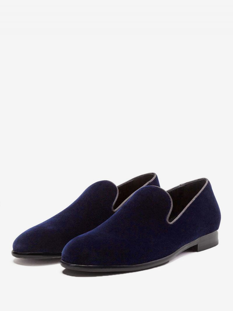 Pantoufles Velours Rouge Pour Hommes Mocassins Chaussures Mariage Bal À Bout Rond Enfiler - Bleu Profond