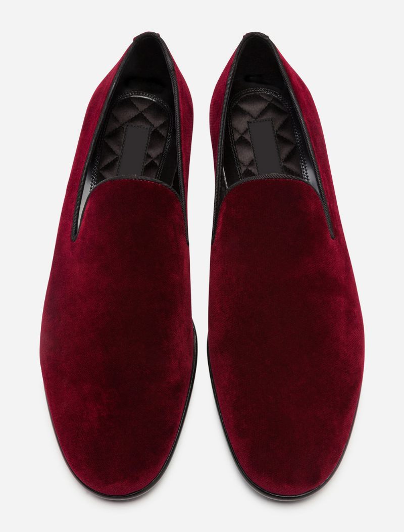 Pantoufles Velours Rouge Pour Hommes Mocassins Chaussures Mariage Bal À Bout Rond Enfiler - Bourgogne