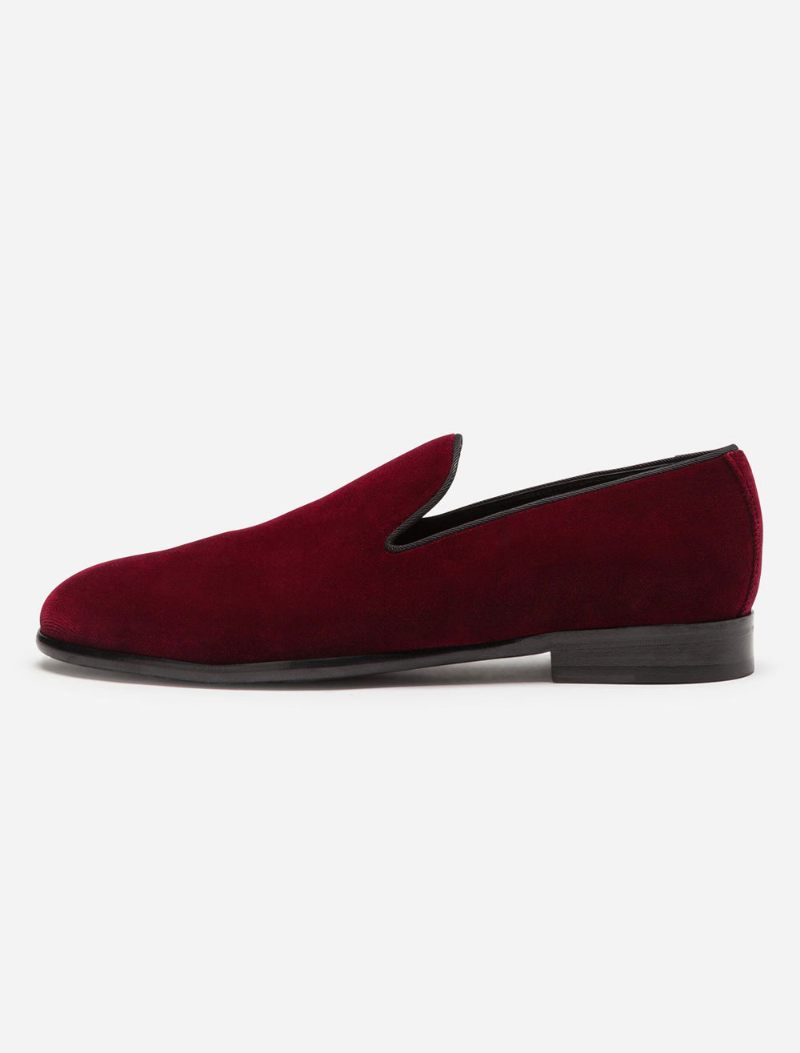 Pantoufles Velours Rouge Pour Hommes Mocassins Chaussures Mariage Bal À Bout Rond Enfiler - Bourgogne