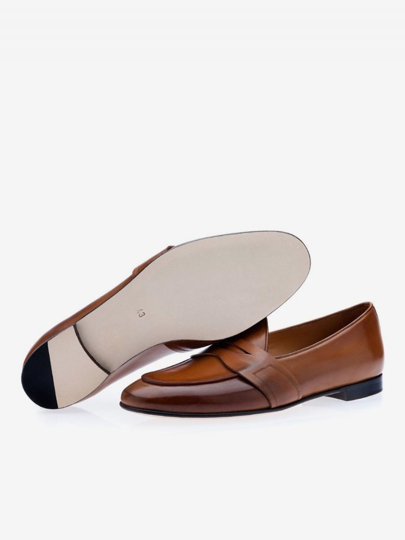 Penny Loafers Pour Hommes Chaussures Marié À Bout Rond Enfiler - Acajou