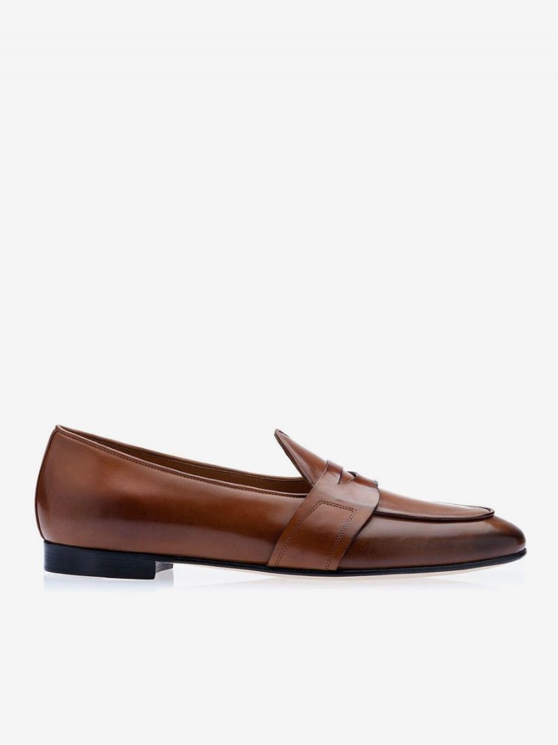 Penny Loafers Pour Hommes Chaussures Marié À Bout Rond Enfiler - Acajou