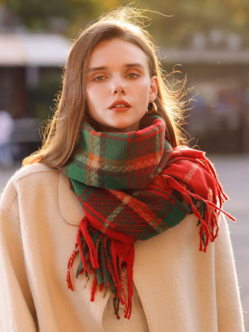 Écharpe À Carreaux Vintage Avec Écharpes D'automne Et D'hiver Franges Pour Femmes