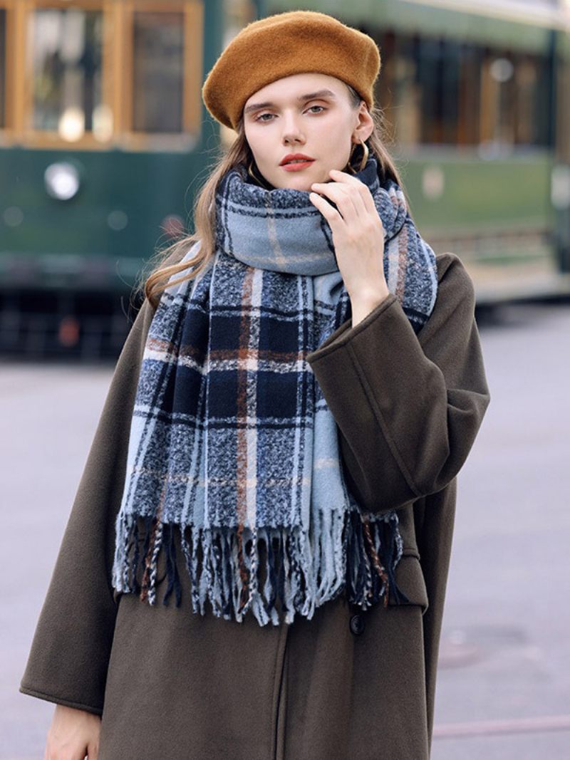 Écharpe À Carreaux Vintage Avec Écharpes D'automne Et D'hiver Franges Pour Femmes - Bleu Ciel Clair