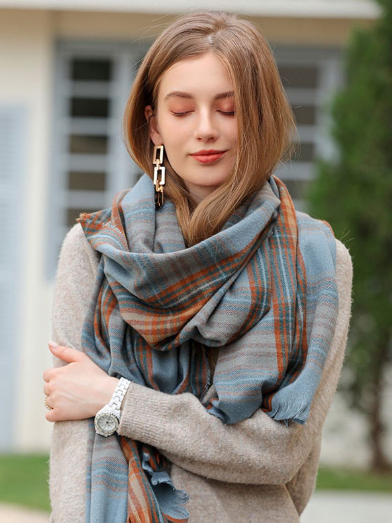 Écharpe Femme Attrayant Plaid Frange Fibre Hiver Chaud Longues Écharpes - Bleu Ciel Clair