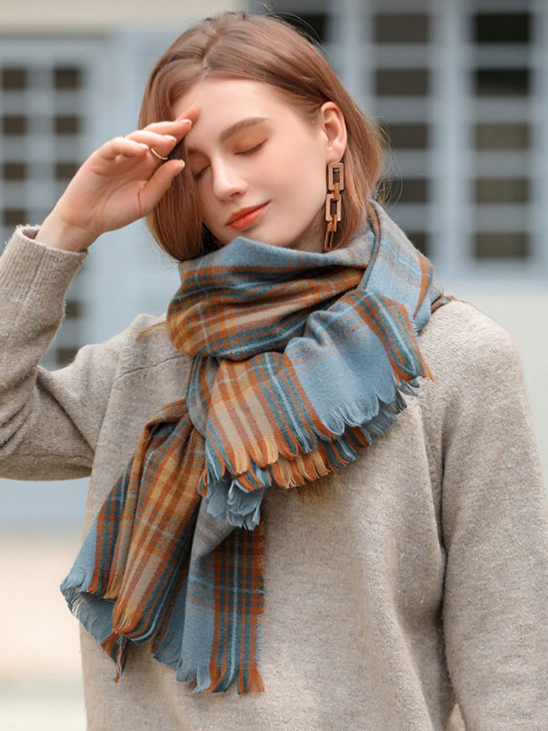 Écharpe Femme Attrayant Plaid Frange Fibre Hiver Chaud Longues Écharpes - Bleu Ciel Clair