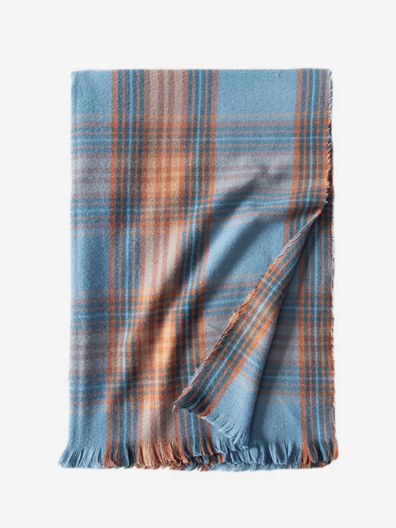 Écharpe Femme Attrayant Plaid Frange Fibre Hiver Chaud Longues Écharpes - Bleu Ciel Clair