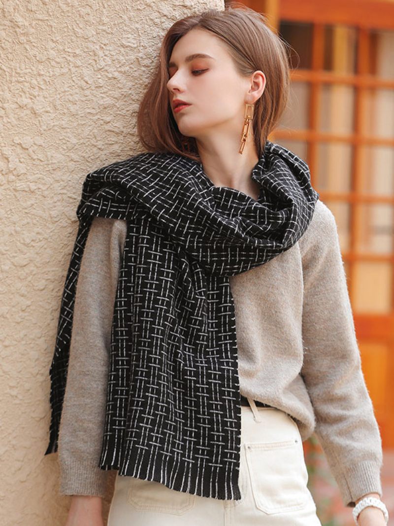 Écharpe Femme Belle Plaid Frange Fibre Hiver Chaud Longues Écharpes - Noir