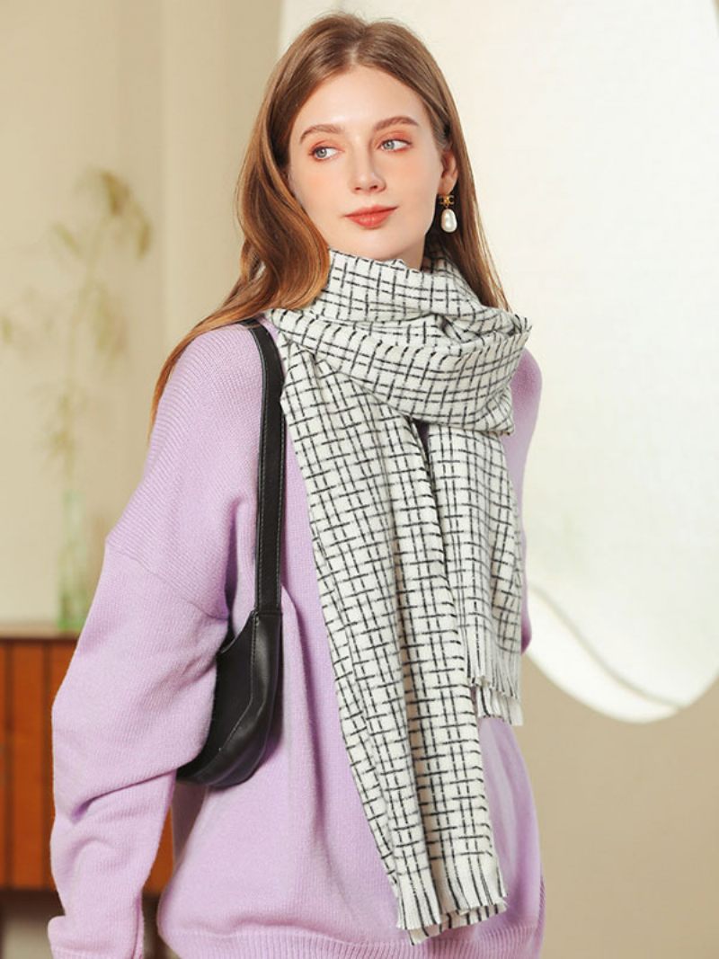 Écharpe Femme Belle Plaid Frange Fibre Hiver Chaud Longues Écharpes - Blanc