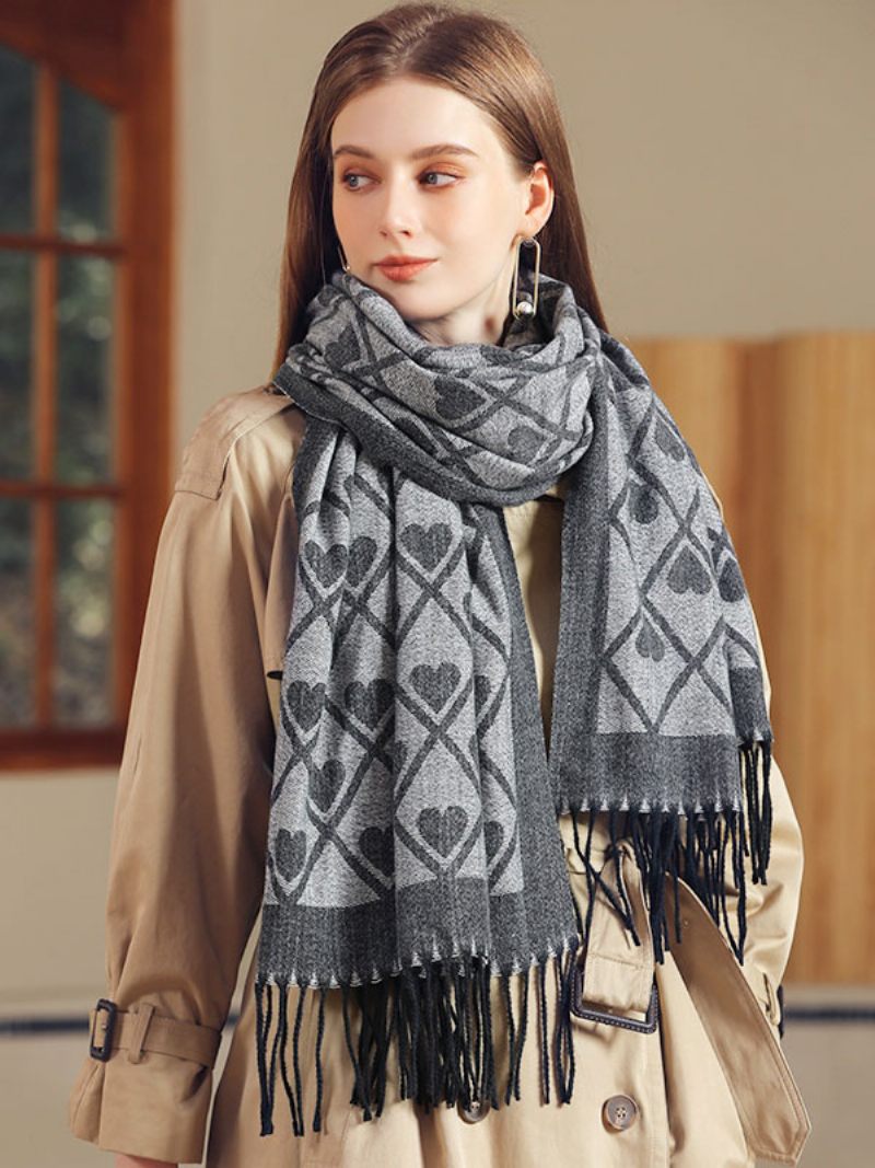 Écharpe Femme Belle Plaid Frange Fibre Hiver Chaud Longues Écharpes - Gris Clair