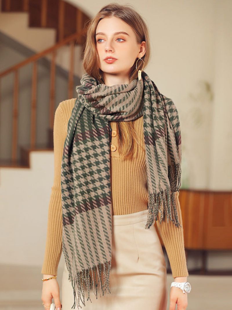 Écharpe Femme Charmante Plaid Frange Fibre Hiver Chaud Longues Écharpes - Vert