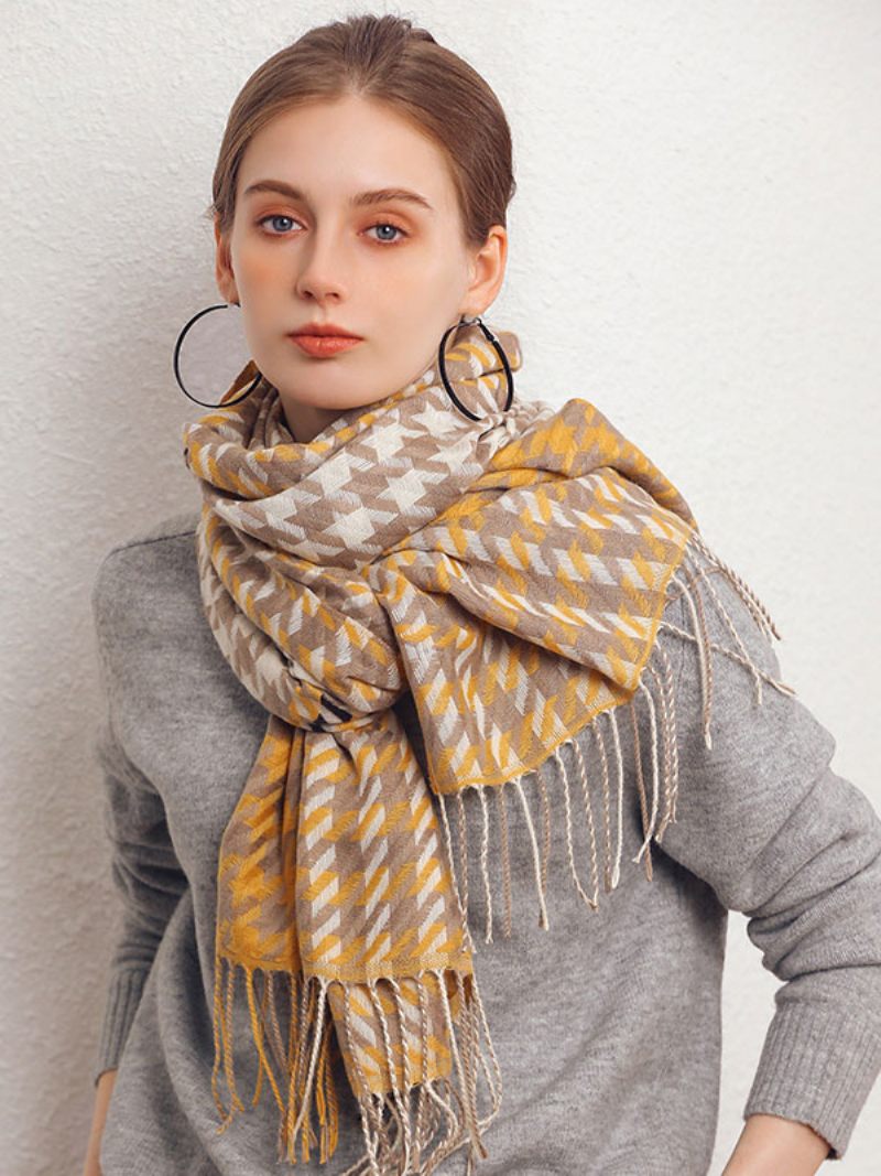 Écharpe Femme Charmante Plaid Frange Fibre Hiver Chaud Longues Écharpes - Jaune