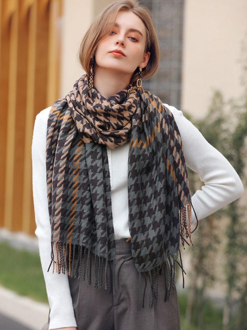 Écharpe Femme Charmante Plaid Frange Fibre Hiver Chaud Longues Écharpes - Gris