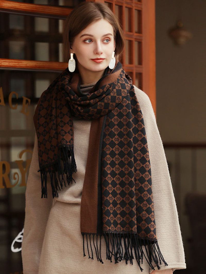 Écharpe Femme Marron Café Attrayant Plaid Frange Fibre Hiver Chaud Longue