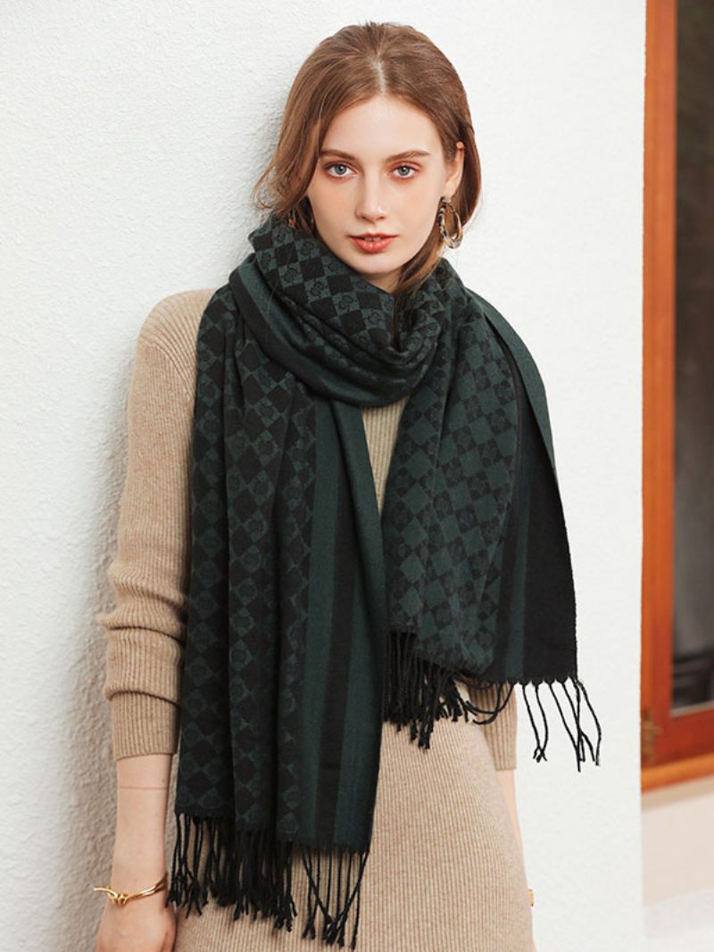 Écharpe Femme Marron Café Attrayant Plaid Frange Fibre Hiver Chaud Longue - Vert Foncé