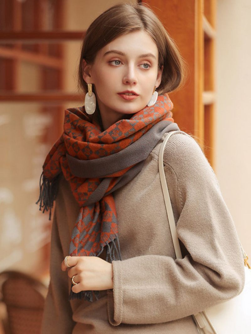 Écharpe Femme Marron Café Attrayant Plaid Frange Fibre Hiver Chaud Longue - Orange