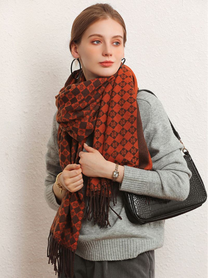 Écharpe Femme Marron Café Attrayant Plaid Frange Fibre Hiver Chaud Longue - Noir