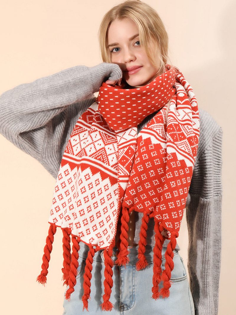 Écharpe Femme Motif Noël Frange Hiver Chaud Acc - Rouge