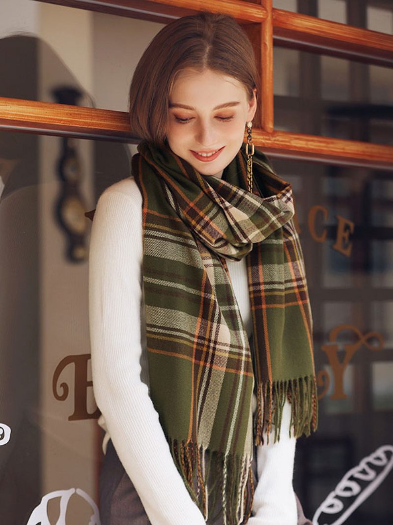 Écharpe Femme Plaid Frange Fibre Hiver Chaud Longues Écharpes - Vert