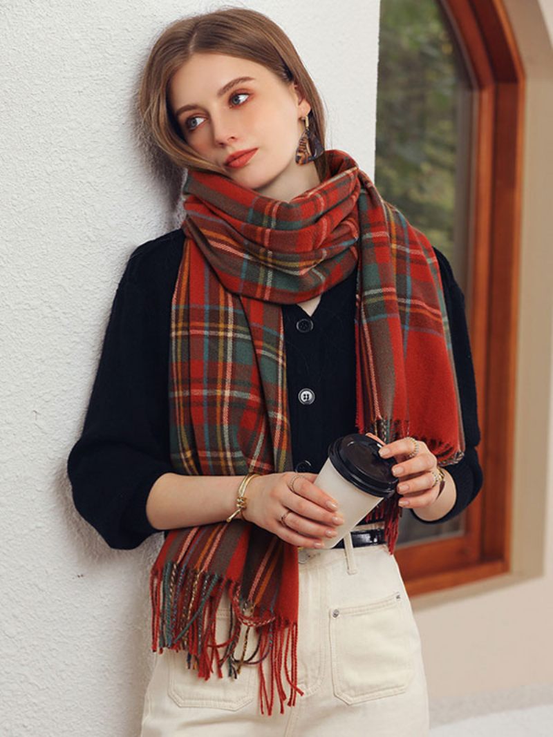 Écharpe Femme Plaid Frange Fibre Hiver Chaud Longues Écharpes - Rouge