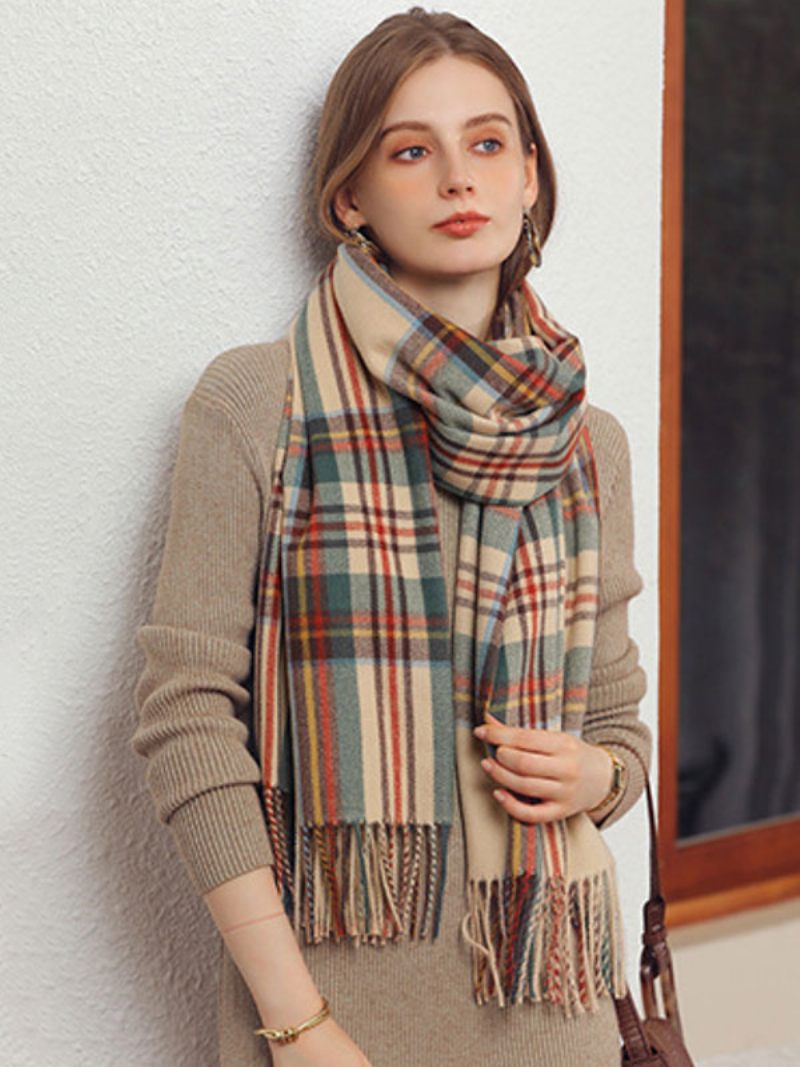 Écharpe Femme Plaid Frange Fibre Hiver Chaud Longues Écharpes - Beige