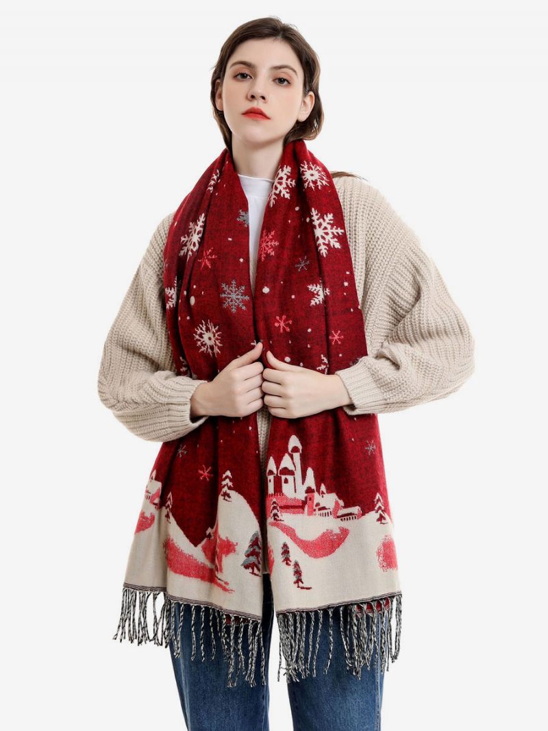 Écharpe Pour Femmes Mode Motif Noël Frange Hiver Chaud Acc