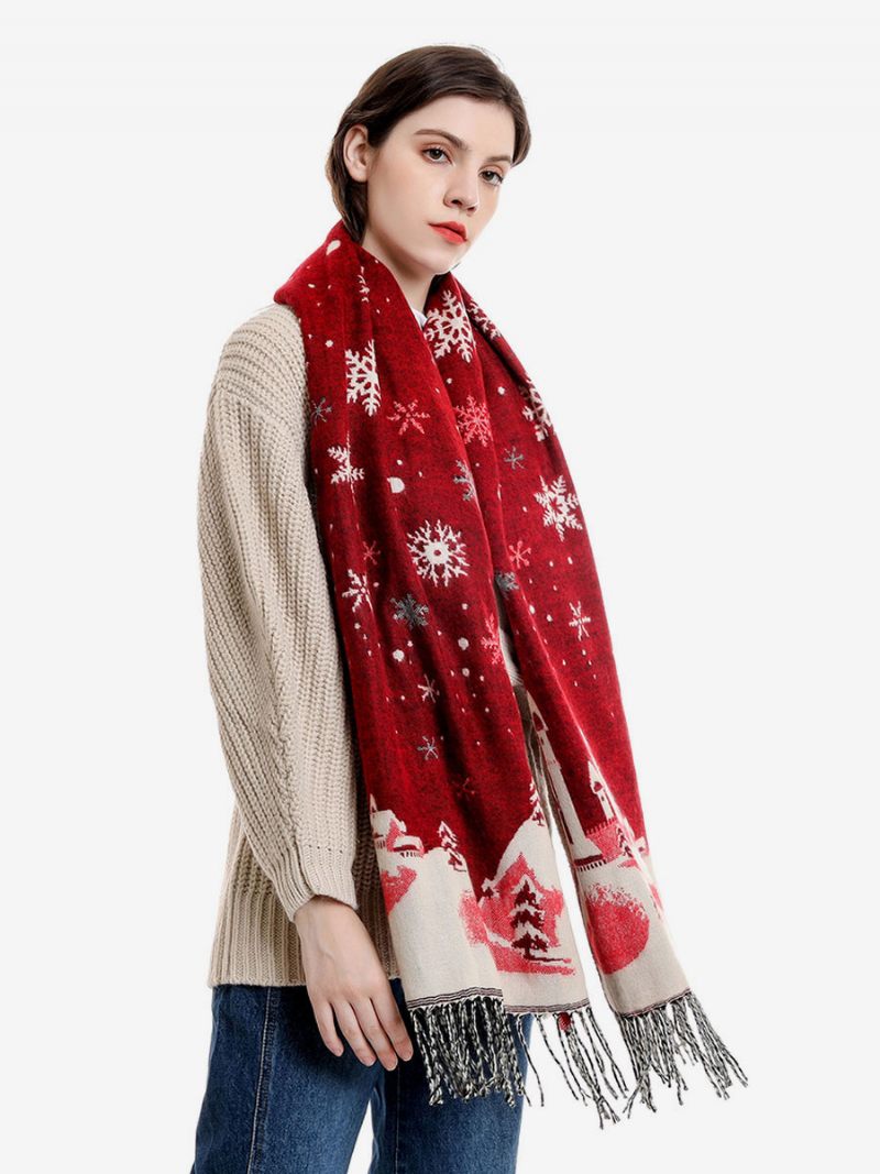 Écharpe Pour Femmes Mode Motif Noël Frange Hiver Chaud Acc - Rouge