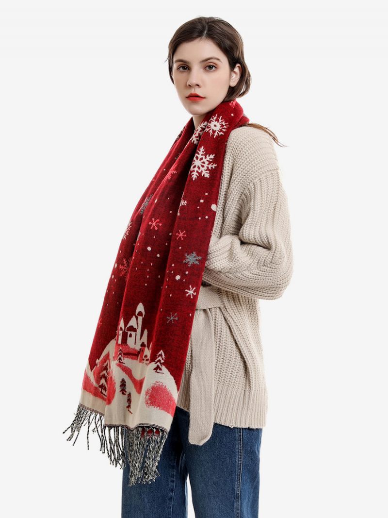 Écharpe Pour Femmes Mode Motif Noël Frange Hiver Chaud Acc - Rouge